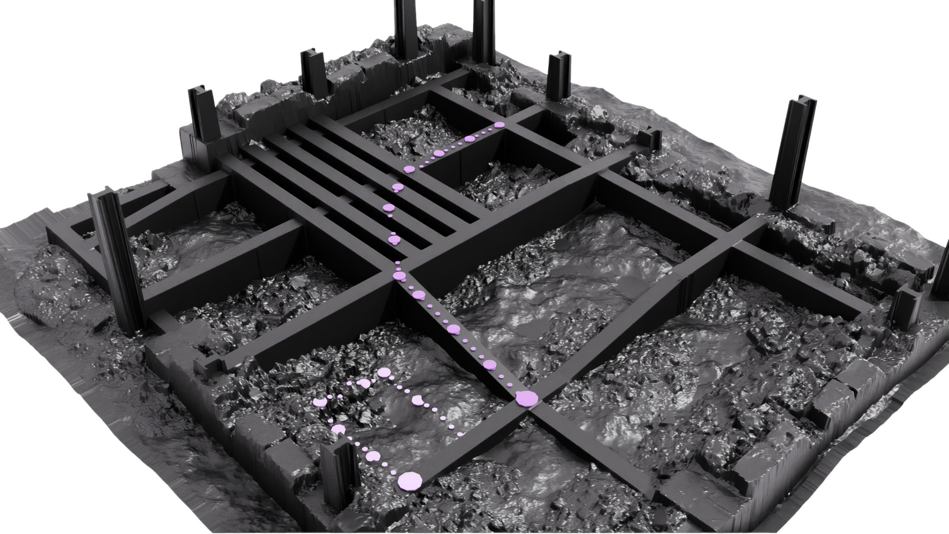 Exposed Beam site with two evaluation routes across steel beams.