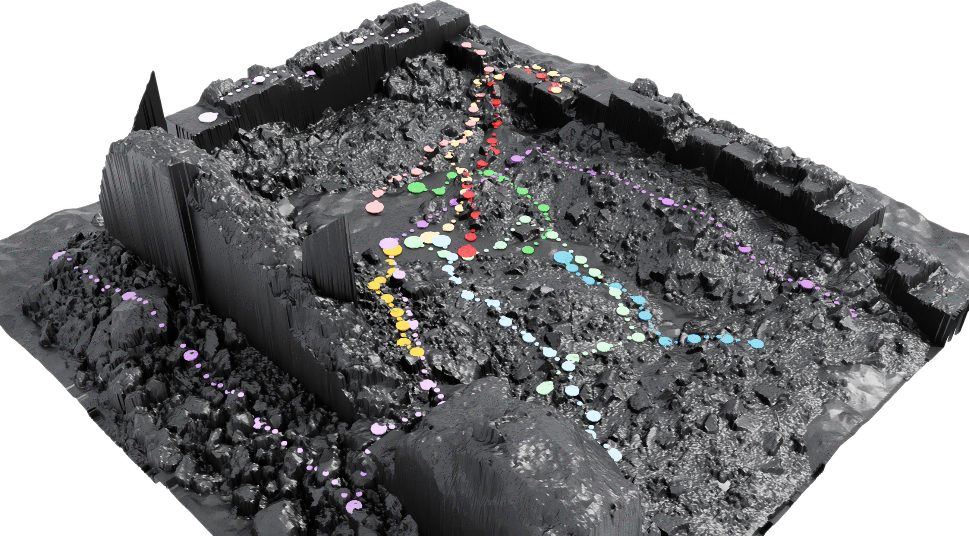 Debris site with eleven coloured evaluation routes.