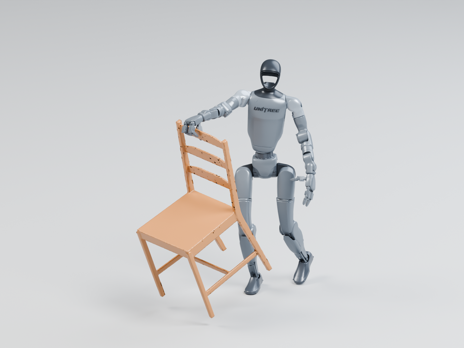 Upright G1 steps while carrying a wooden chair by its backrest.