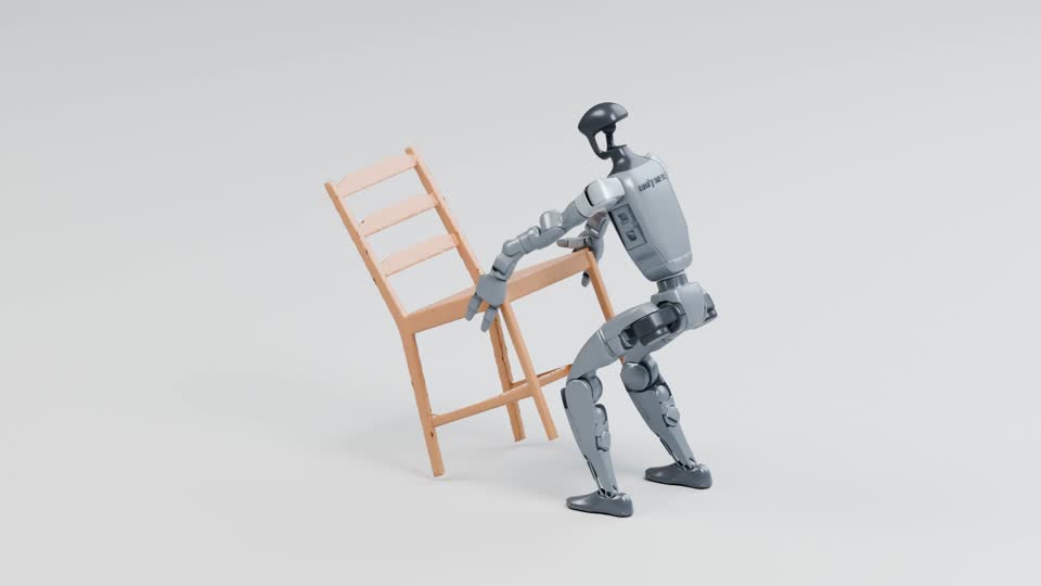 Simulated output for Rock a wooden chair and return it upright